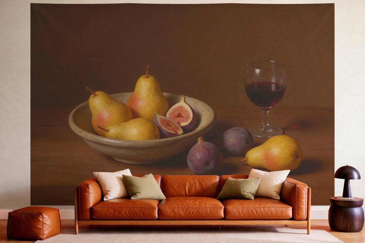 Tapiz de pared XXL Frutero con higos y peras como decoración en un salón acogedor sobre el sofá de cuero