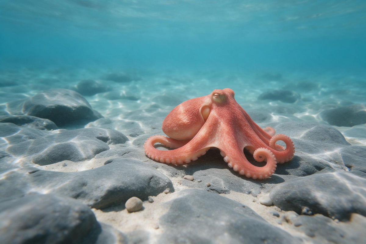 Pieuvre rouge sur fond rocheux gris dans une eau turquoise claire, tenture murale imprimée sur tissu – rouge et turquoise