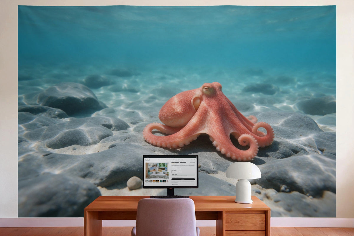 Wanddeko im Büro hinter dem Schreibtisch: Wandtuch Oktopus auf dem Felsgrund, auf Stoff gedruckt
