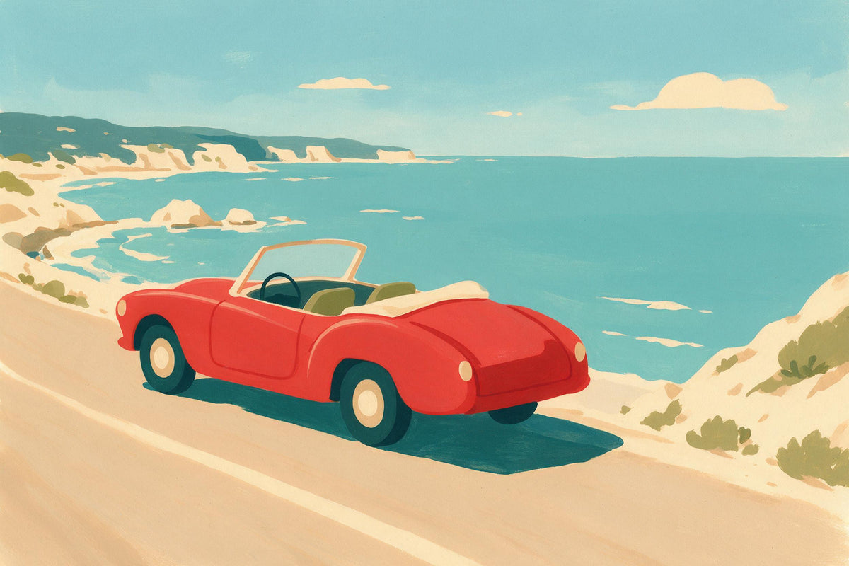 Rotes Oldtimer-Cabrio an einer Küstenstrasse über dem türkisblauen Meer, als Wandtuch, auf Stoff gedruckt – Rot und Türkis