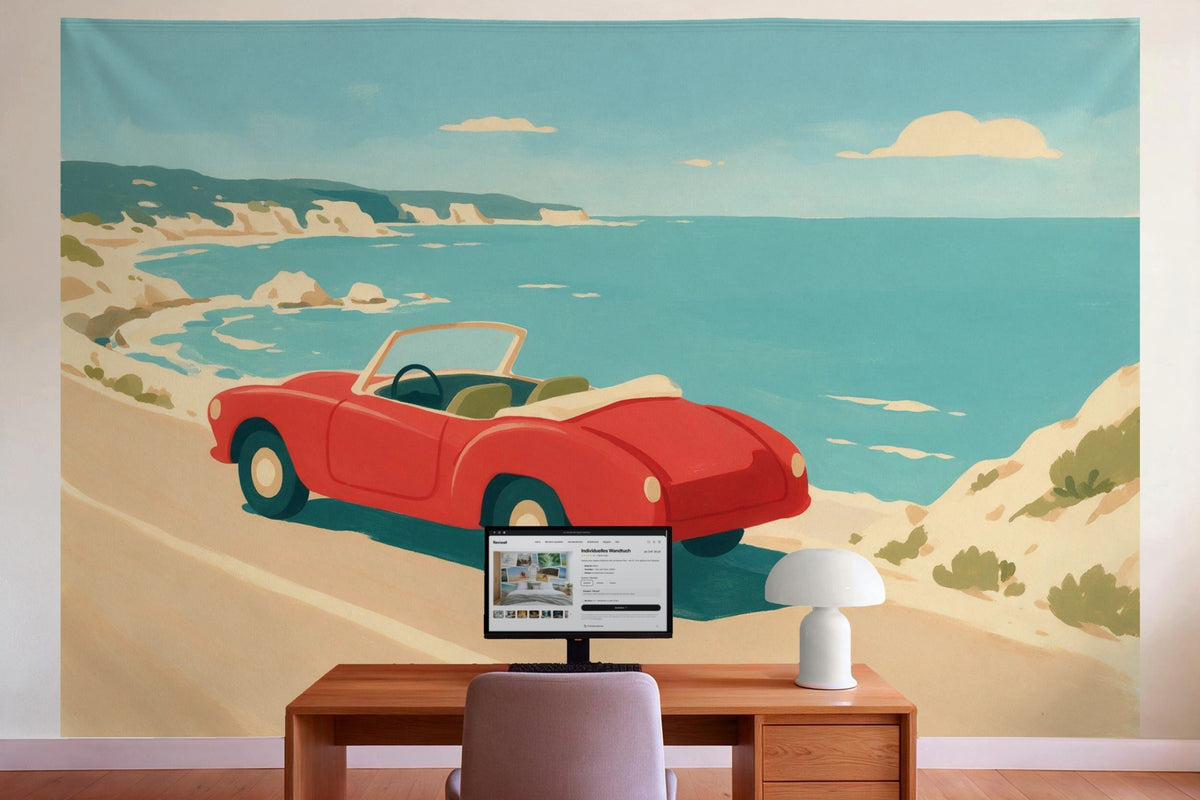 Wanddeko im Büro hinter dem Schreibtisch: Wandtuch Oldtimer an der Küstenstrasse, auf Stoff gedruckt