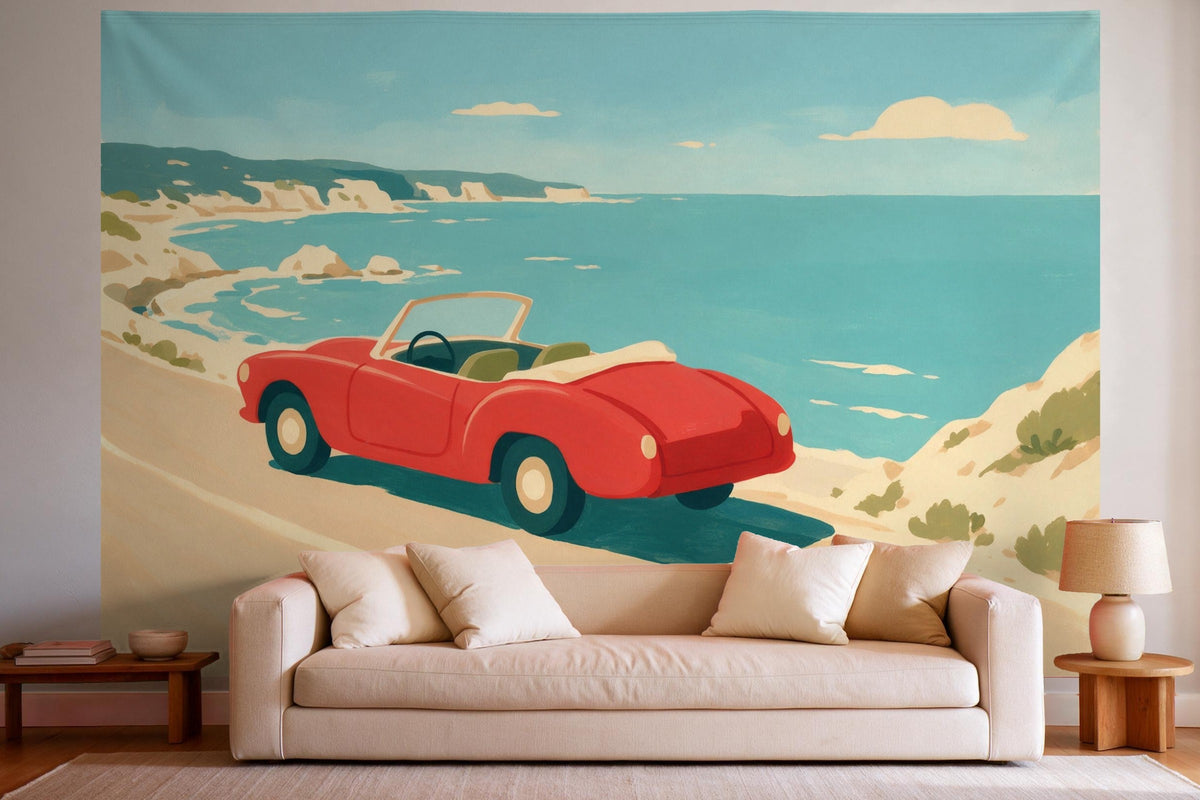 XXL wall tapestry Vintage Car on the Coastal Road as wall decor in a bright living room above the sofa