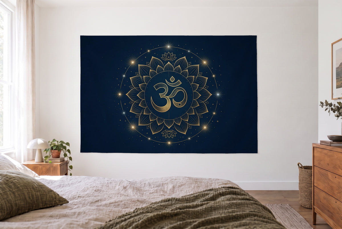 Om in gold on night blue tapestry in a bright bedroom opposite the bed, wooden dresser on the right – night blue and gold