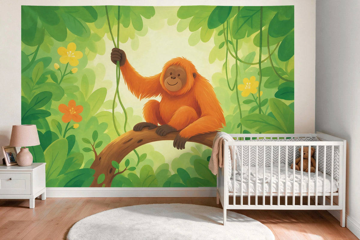 Decoración de pared en la habitación del bebé sobre la cuna: tapiz de tela Orangután en la selva de cuento