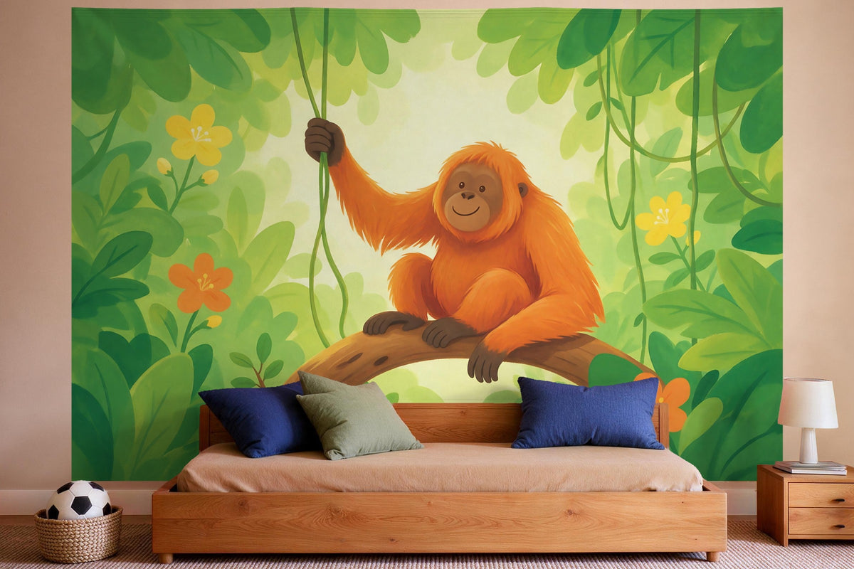 Tapiz de pared XXL Orangután en la selva de cuento como decoración en un dormitorio de niño