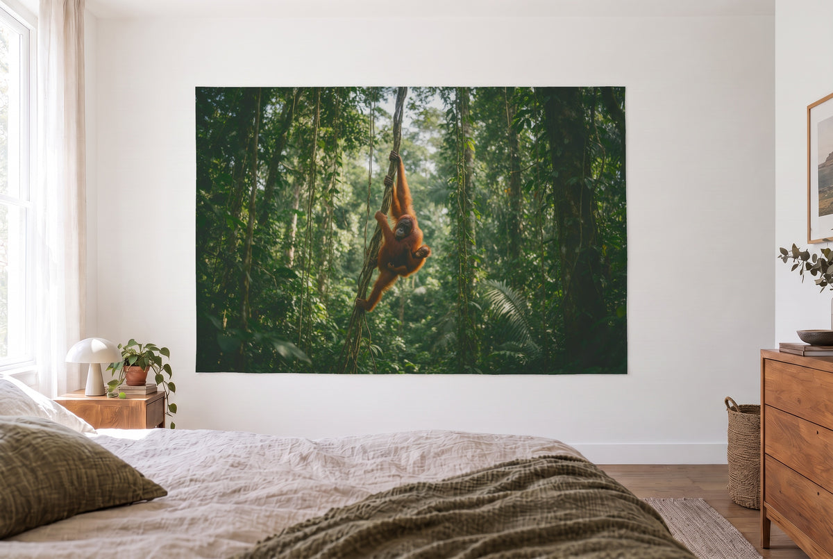 Orangutan in the rainforest tapestry in a bright bedroom opposite the bed, wooden dresser on the right – green and orange