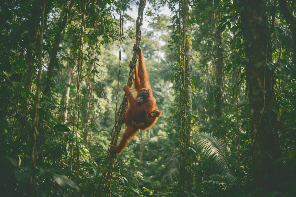 Orangutan mother with her baby on a liana in the green rainforest, tapestry printed on fabric – green and orange