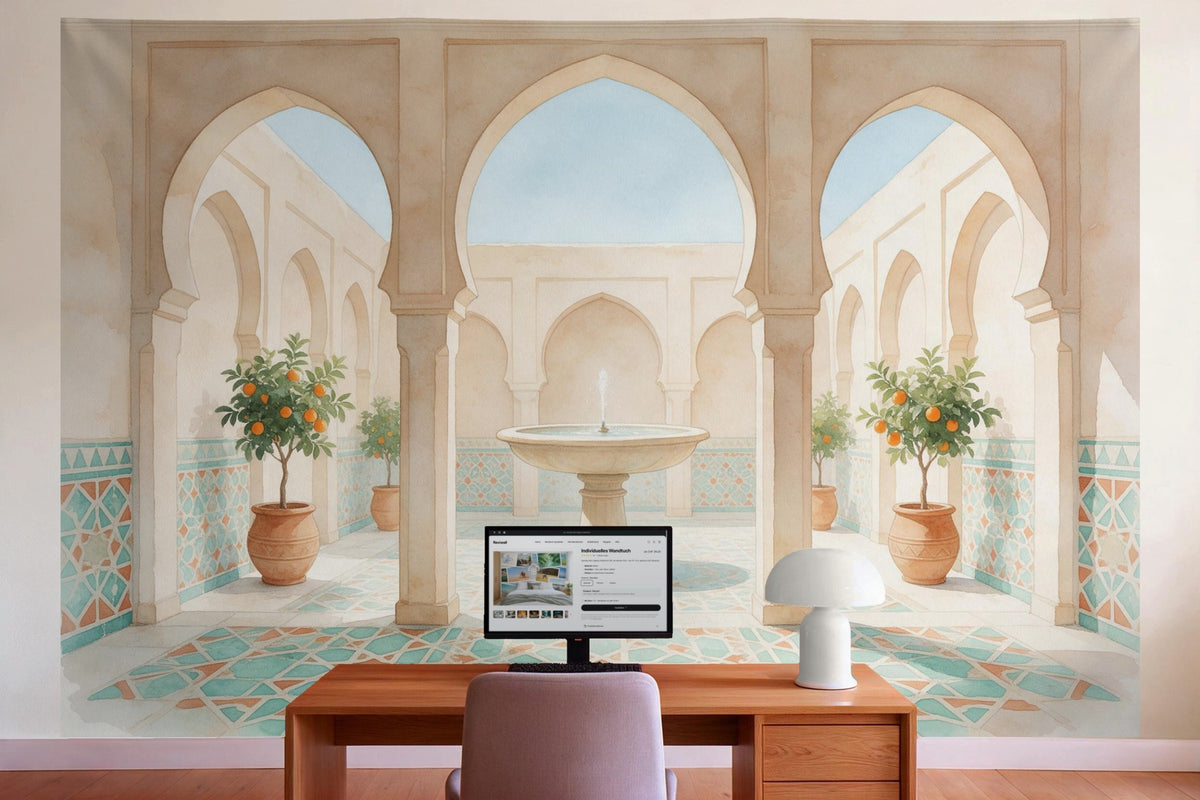 Wall decor in a home office behind the desk: printed fabric tapestry Oriental Courtyard with Fountain