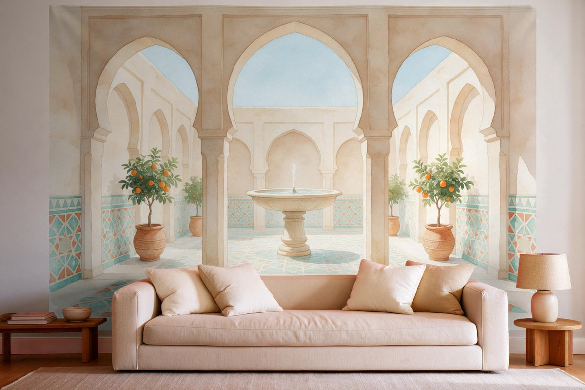 XXL wall tapestry Oriental Courtyard with Fountain as wall decor in a bright living room above the sofa