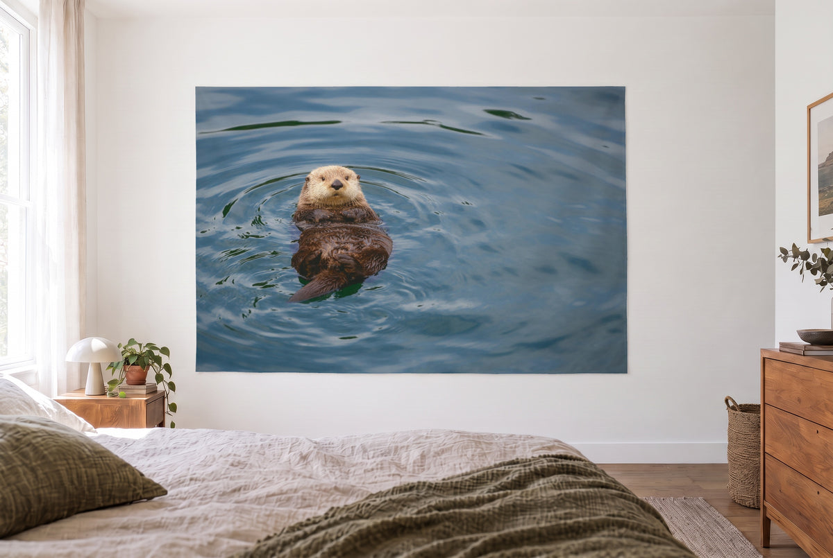 Wandtuch Otter im Wasser im hellen Schlafzimmer gegenüber dem Bett, rechts eine Holzkommode – Blau und Braun