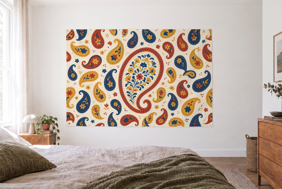 Paisley pattern in red and mustard tapestry in a bright bedroom opposite the bed, wooden dresser at right – red and blue