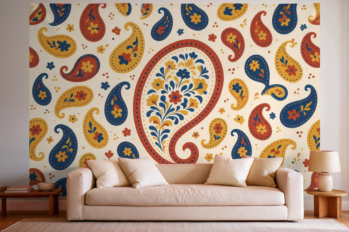 XXL wall tapestry Paisley Pattern in Red and Mustard as wall decor in a bright living room above the sofa