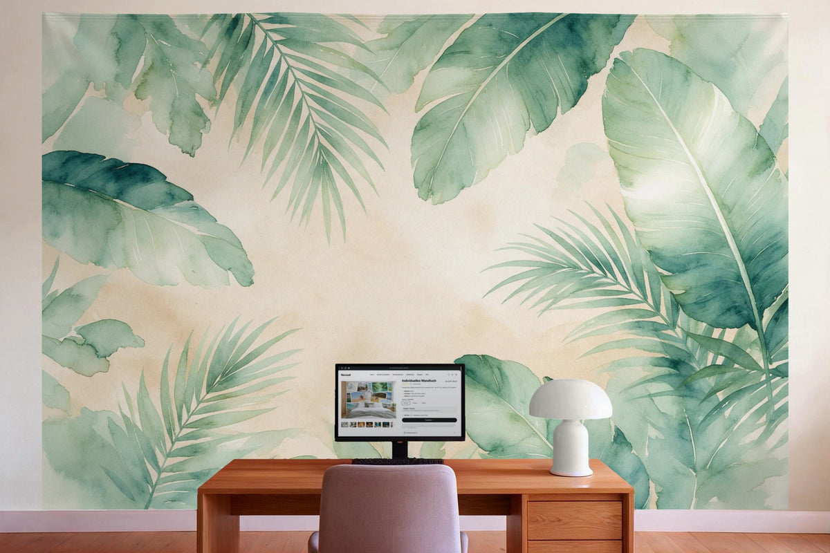 Wall decor in a home office behind the desk: printed fabric tapestry Tropical Palm Leaves in Watercolor