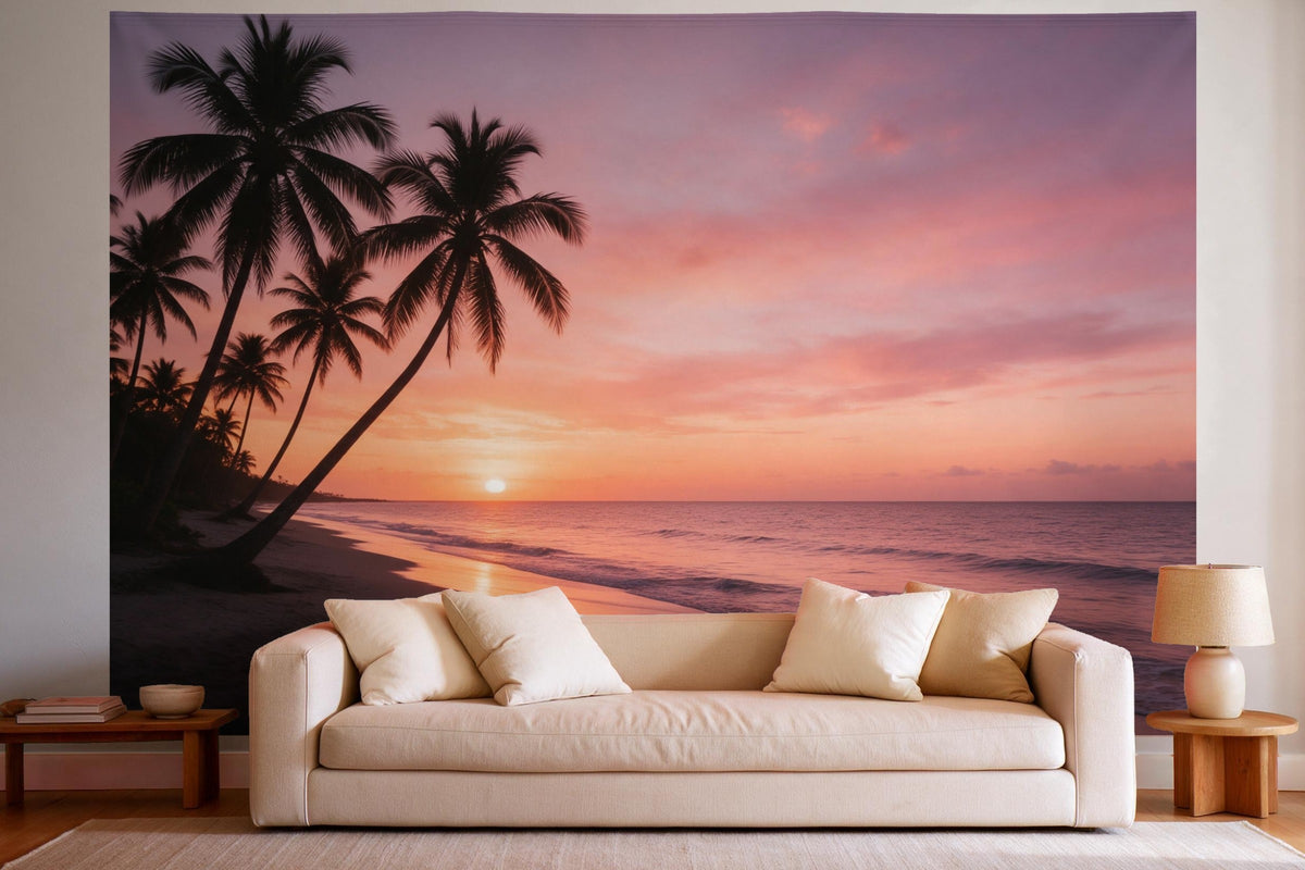 Tenture murale XXL Palmiers au coucher du soleil en déco murale dans un salon lumineux au-dessus du canapé