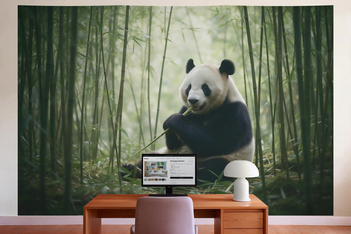 Decoración de pared en la oficina detrás del escritorio: tapiz de tela Oso panda en el bosque de bambú