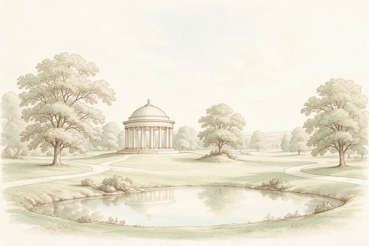 Parklandschaft mit Rundpavillon links der Mitte, alten Bäumen und Teich in Federzeichnung, als Wandtuch, auf Stoff gedruckt