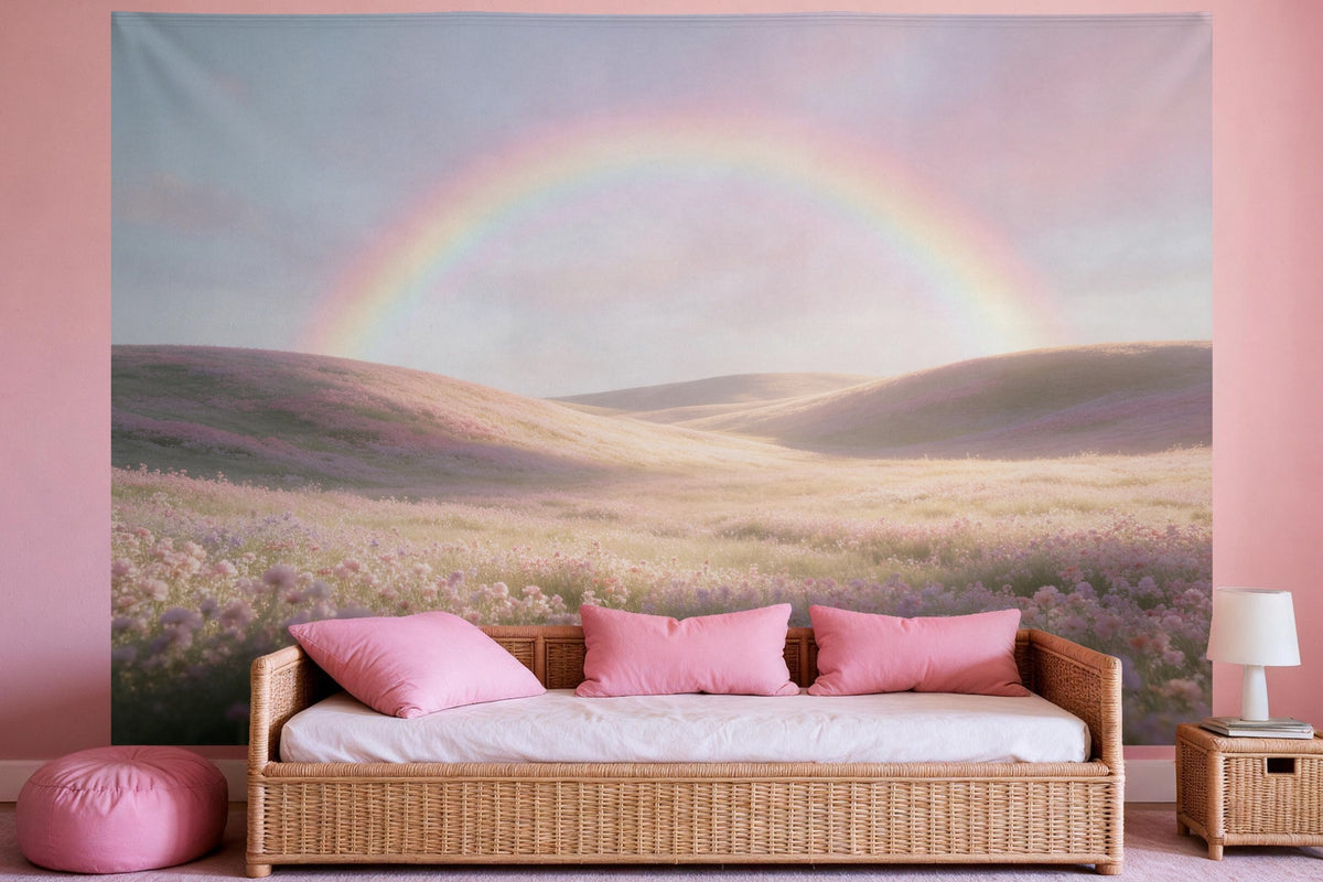 Tenture murale XXL Arc-en-ciel pastel en déco murale dans une chambre de fille