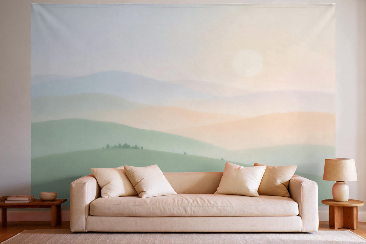 Wandtuch XXL Pastell-Landschaft im Morgendunst als Wanddeko im hellen Wohnzimmer über dem Sofa