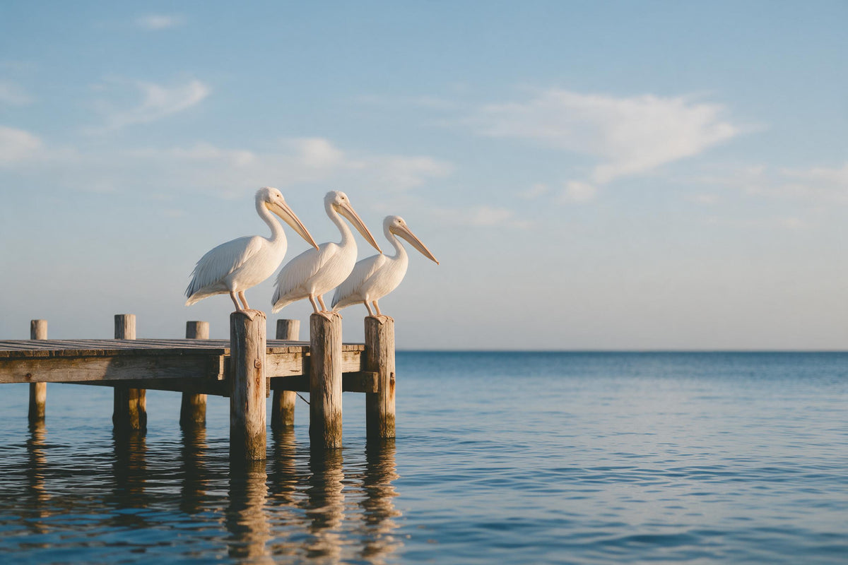 Three pelicans on a wooden pier by the sea, tapestry printed on fabric – beige and blue