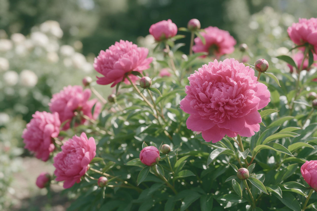 Peonies in full bloom with round buds and green foliage in the garden, tapestry printed on fabric – pink and green