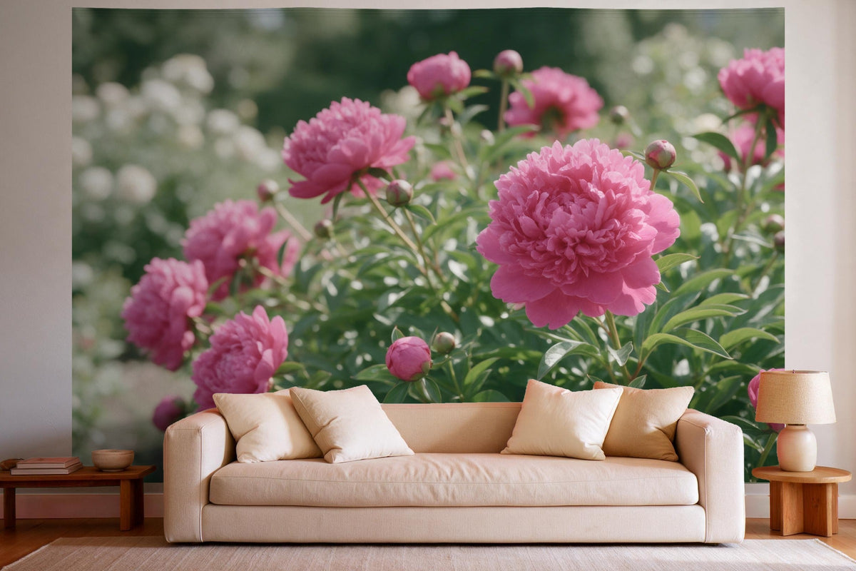 Wandtuch XXL Pfingstrosen in voller Blüte als Wanddeko im hellen Wohnzimmer über dem Sofa