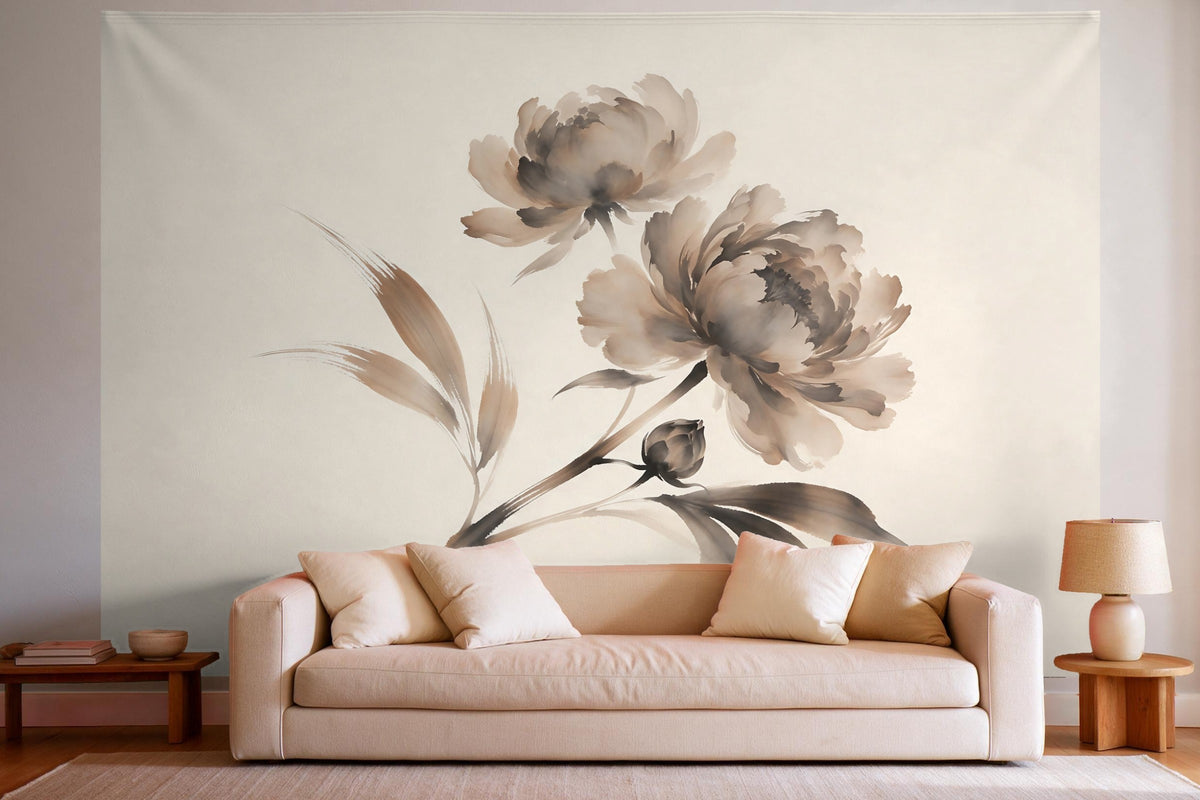 Tenture murale XXL Pivoines à l'encre sépia en déco murale dans un salon lumineux au-dessus du canapé