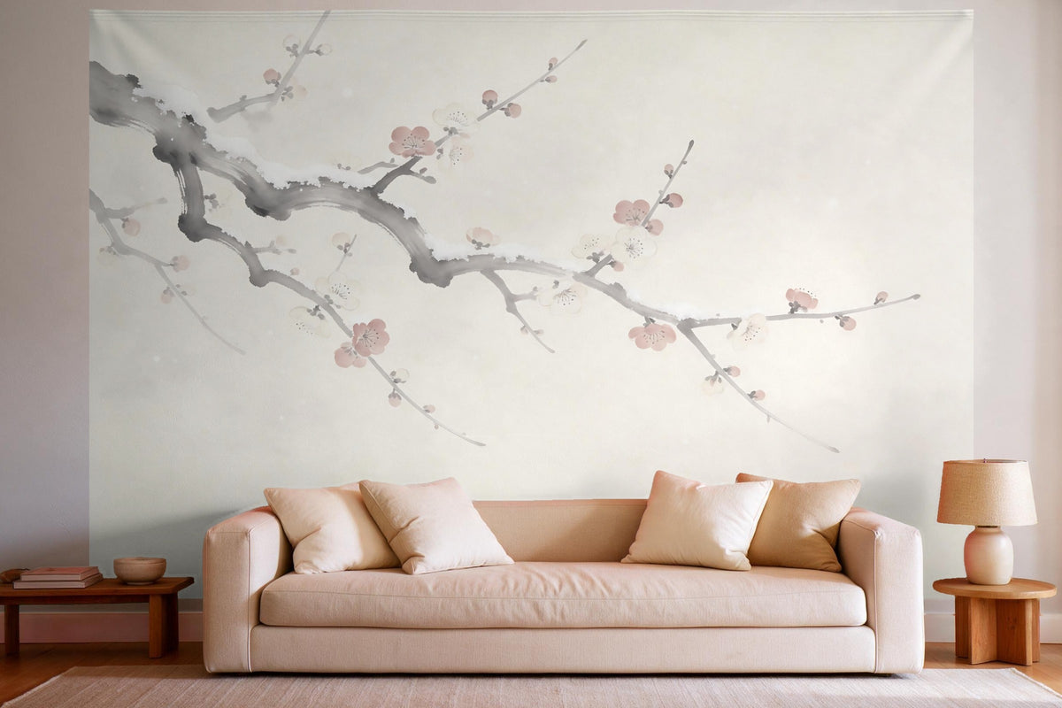Wanddeko im hellen Wohnzimmer über dem Sofa: Wandtuch Japanische Pflaumenblüten im Schnee, auf Stoff gedruckt