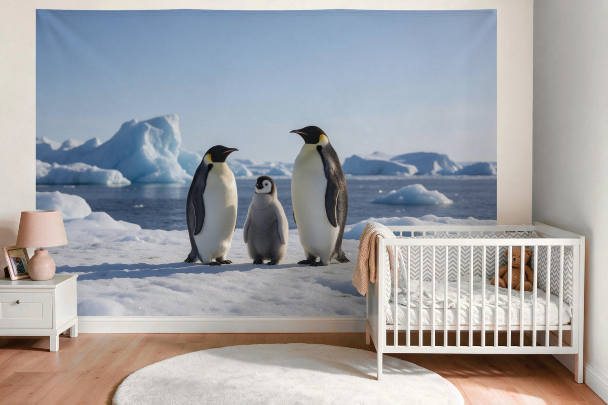 Decoración de pared en la habitación del bebé sobre la cuna: tapiz de tela Pingüinos sobre el hielo