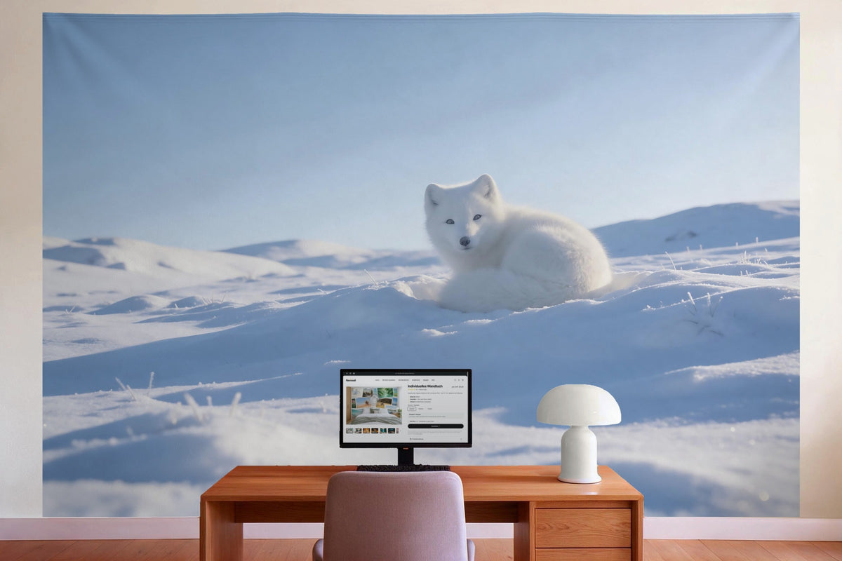 Decoración de pared en la oficina detrás del escritorio: tapiz de tela Zorro ártico en la nieve