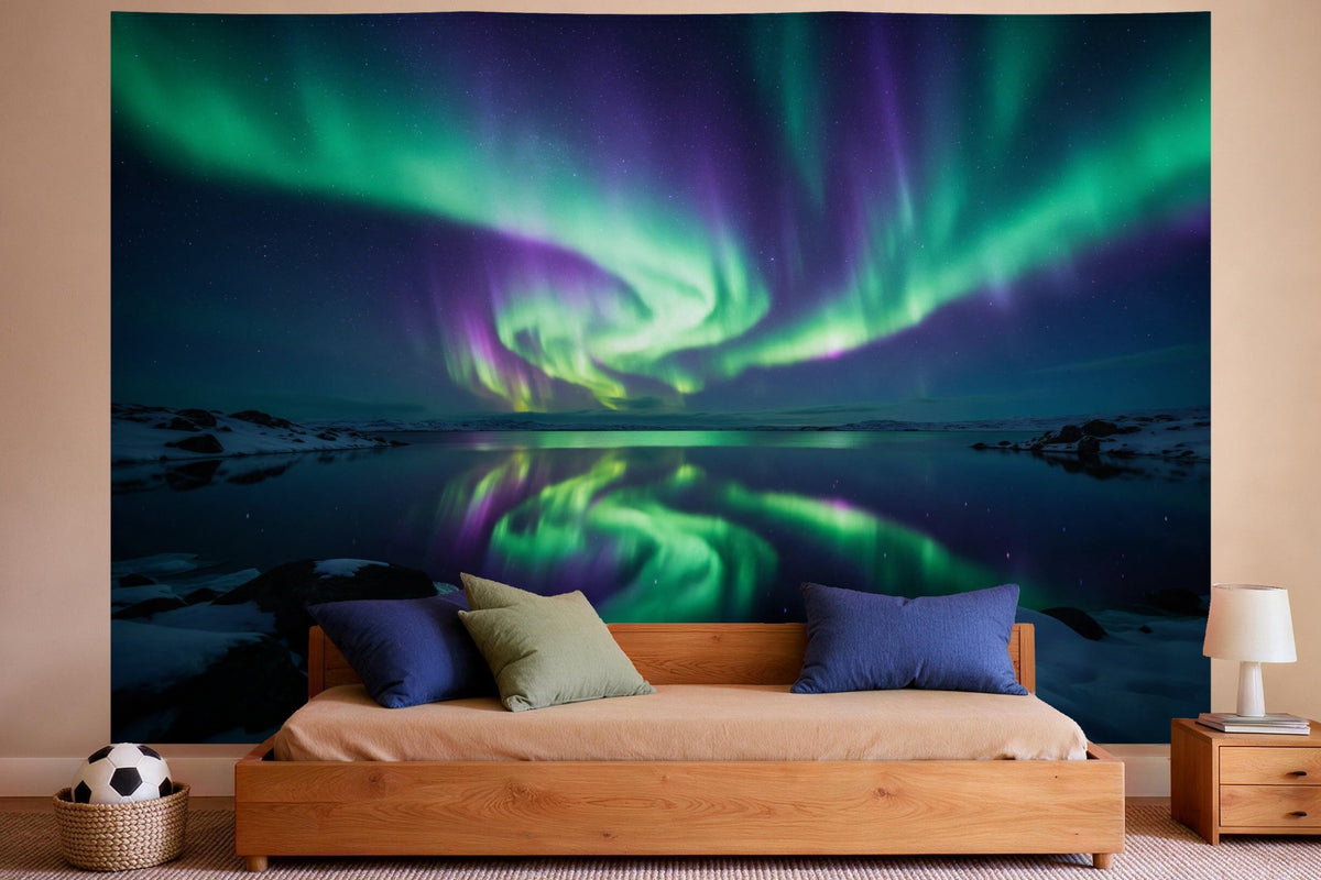 Wall decor in a boys' bedroom: printed fabric tapestry Northern Lights over the Polar Lake