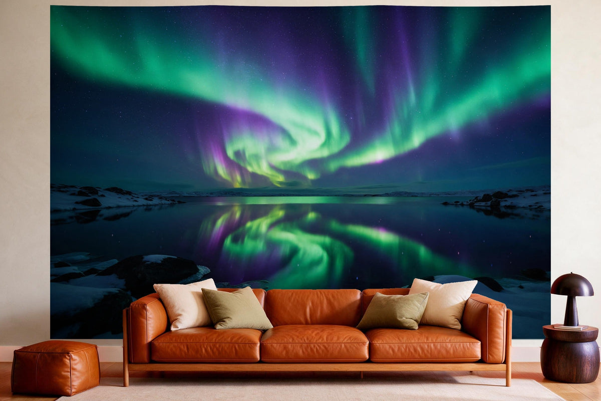 XXL wall tapestry Northern Lights over the Polar Lake as wall decor in a cosy living room above the leather sofa
