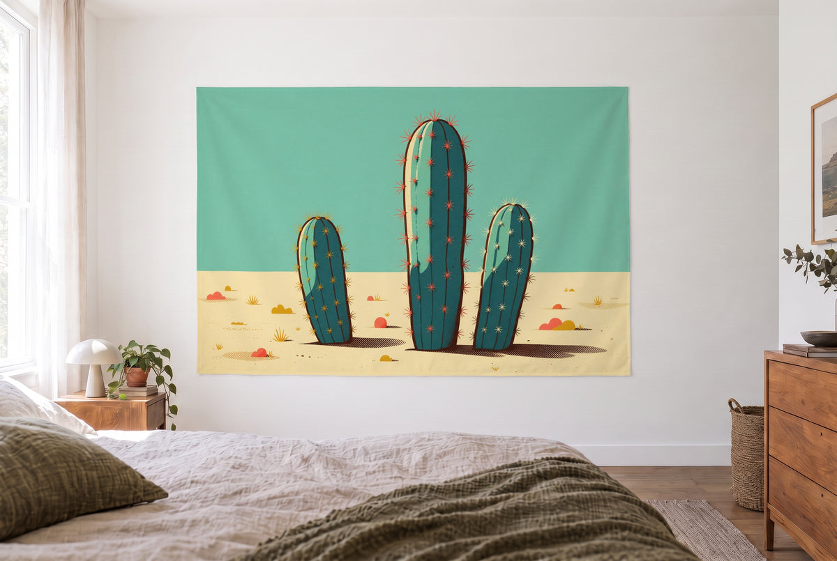 Wandtuch Pop-Art-Kakteen im hellen Schlafzimmer gegenüber dem Bett, rechts eine Holzkommode – Türkis und Creme
