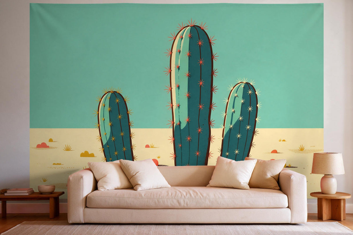 Wandtuch XXL Pop-Art-Kakteen als Wanddeko im hellen Wohnzimmer über dem Sofa