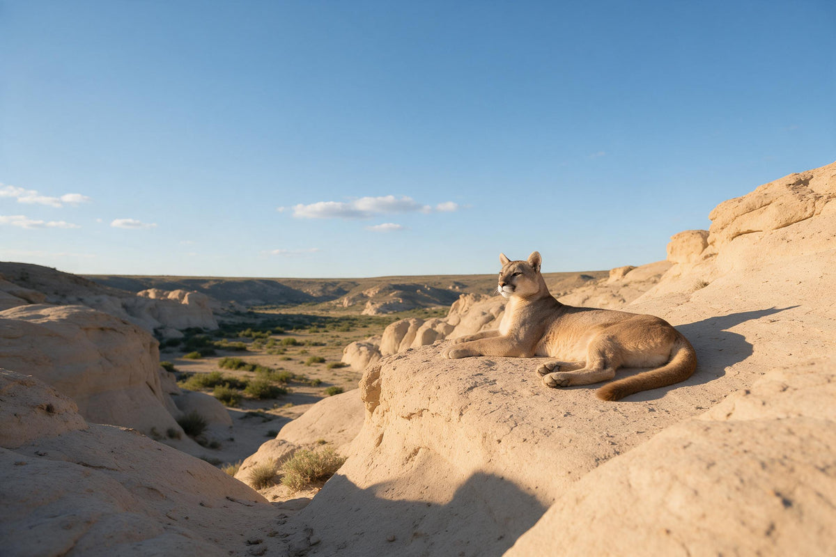 Puma liegt entspannt auf sandbeigem Felsvorsprung über weitem Tal, als Wandtuch, auf Stoff gedruckt – Beige und Blau