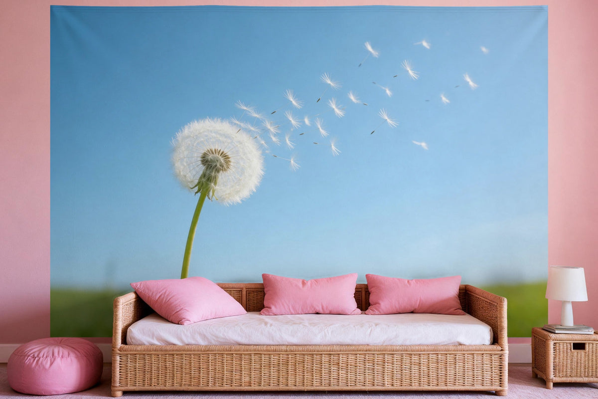 Tapiz de pared XXL Diente de león al viento de primavera como decoración en un dormitorio de niña