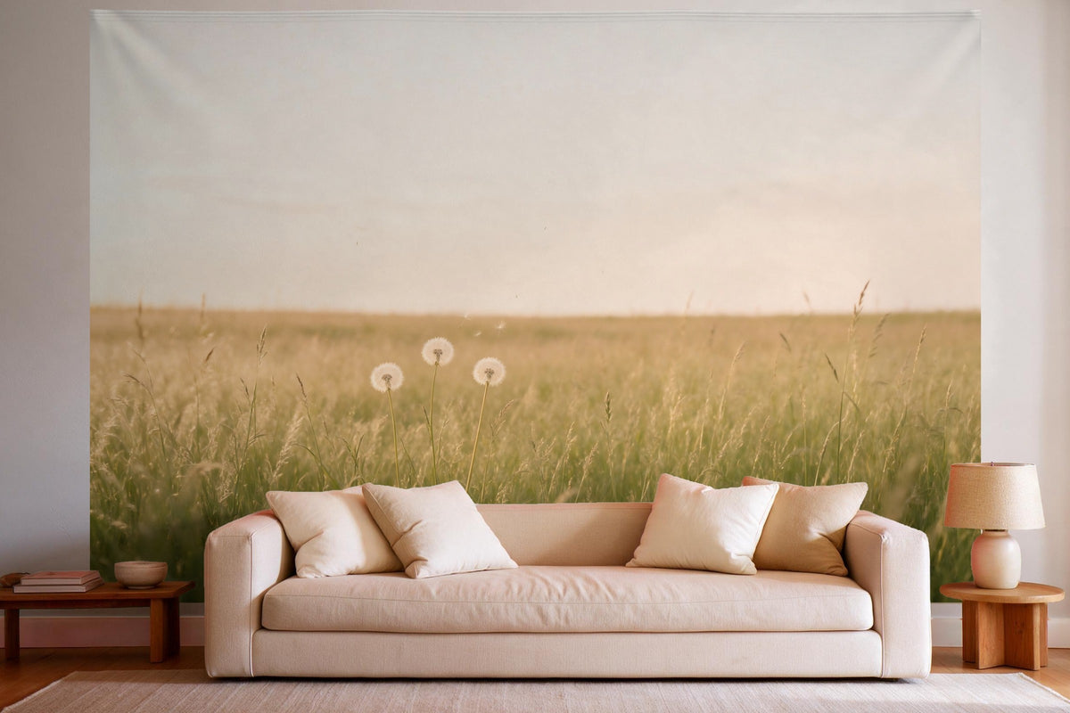 XXL wall tapestry Dandelions in the Summer Meadow as wall decor in a bright living room above the sofa