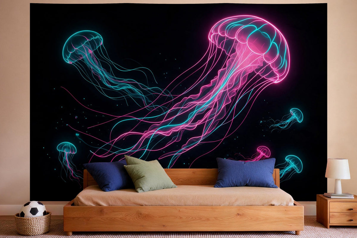 Wall decor in a boys' bedroom: printed fabric tapestry Jellyfish in Neon