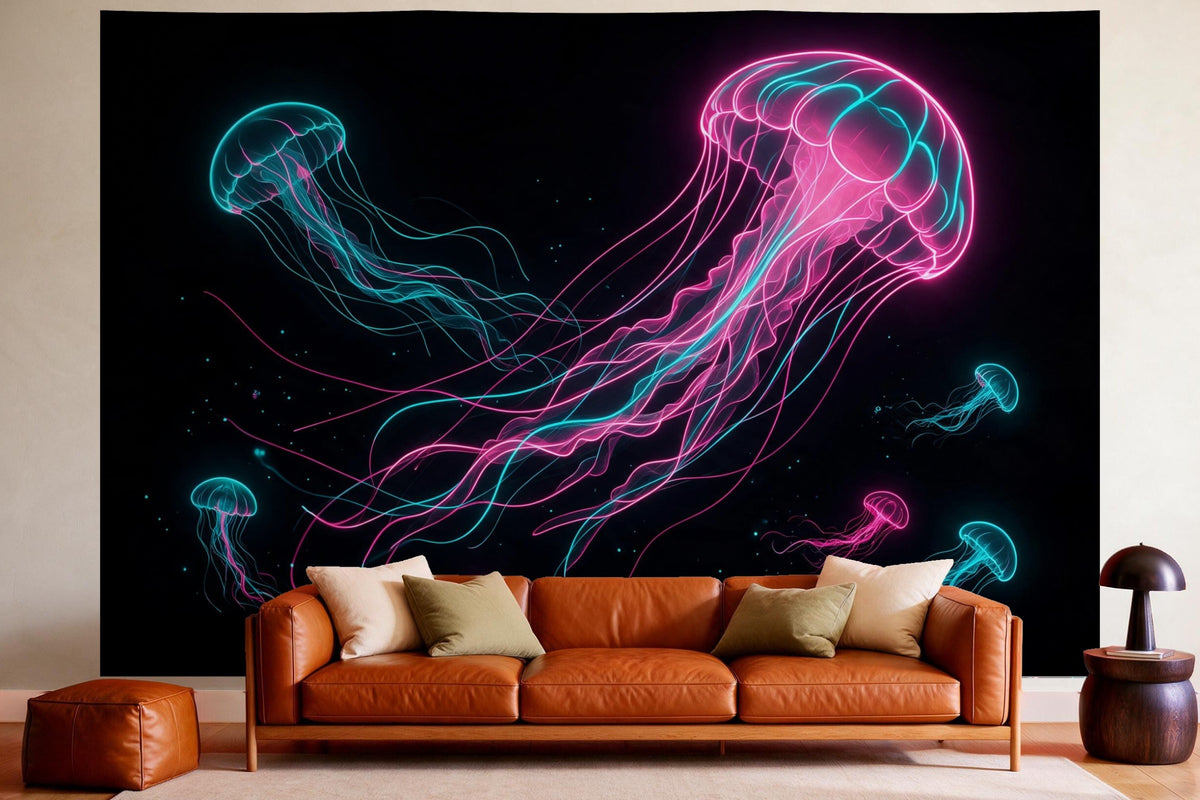 XXL wall tapestry Jellyfish in Neon as wall decor in a cosy living room above the leather sofa