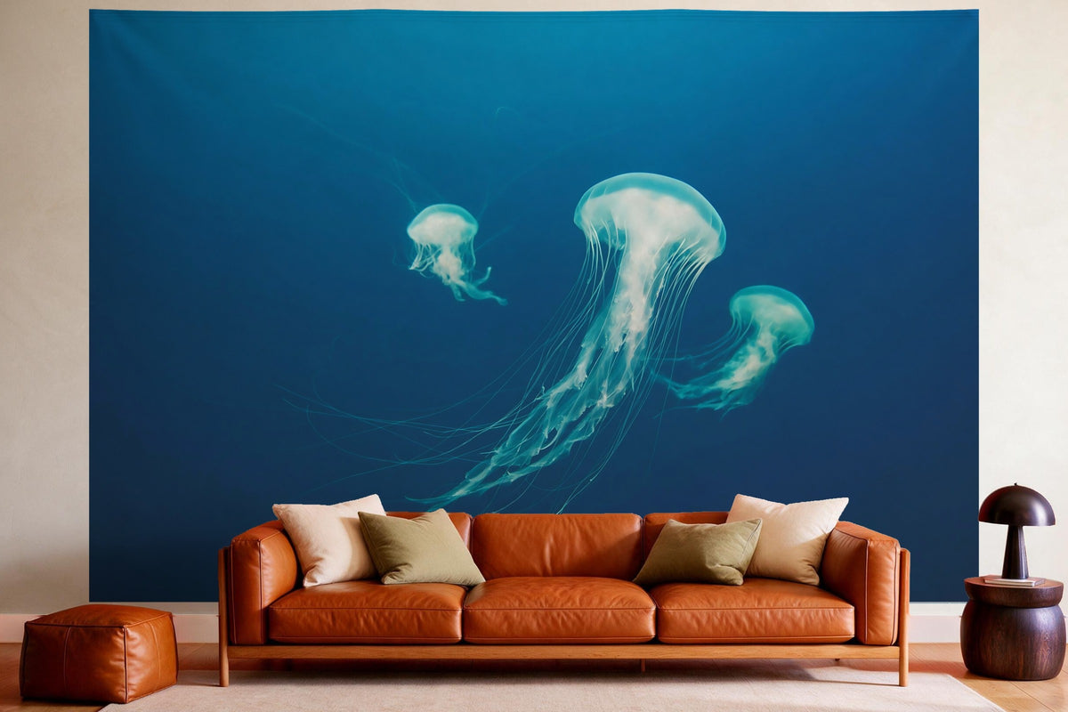Wandtuch XXL Quallen im tiefen Blau als Wanddeko im gemütlichen Wohnzimmer über dem Ledersofa