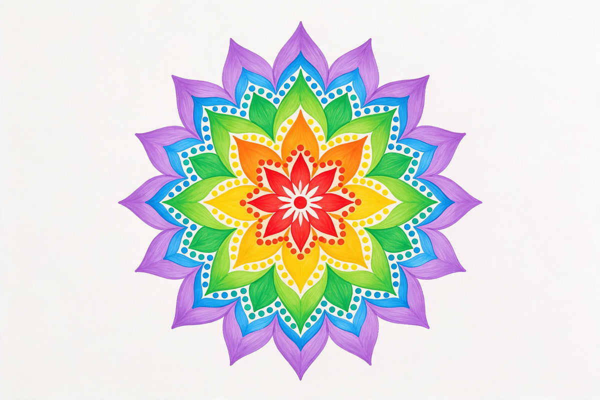 Sternförmiges Blüten-Mandala in Regenbogenfarben auf weissem Grund, als Wandtuch, auf Stoff gedruckt – bunt