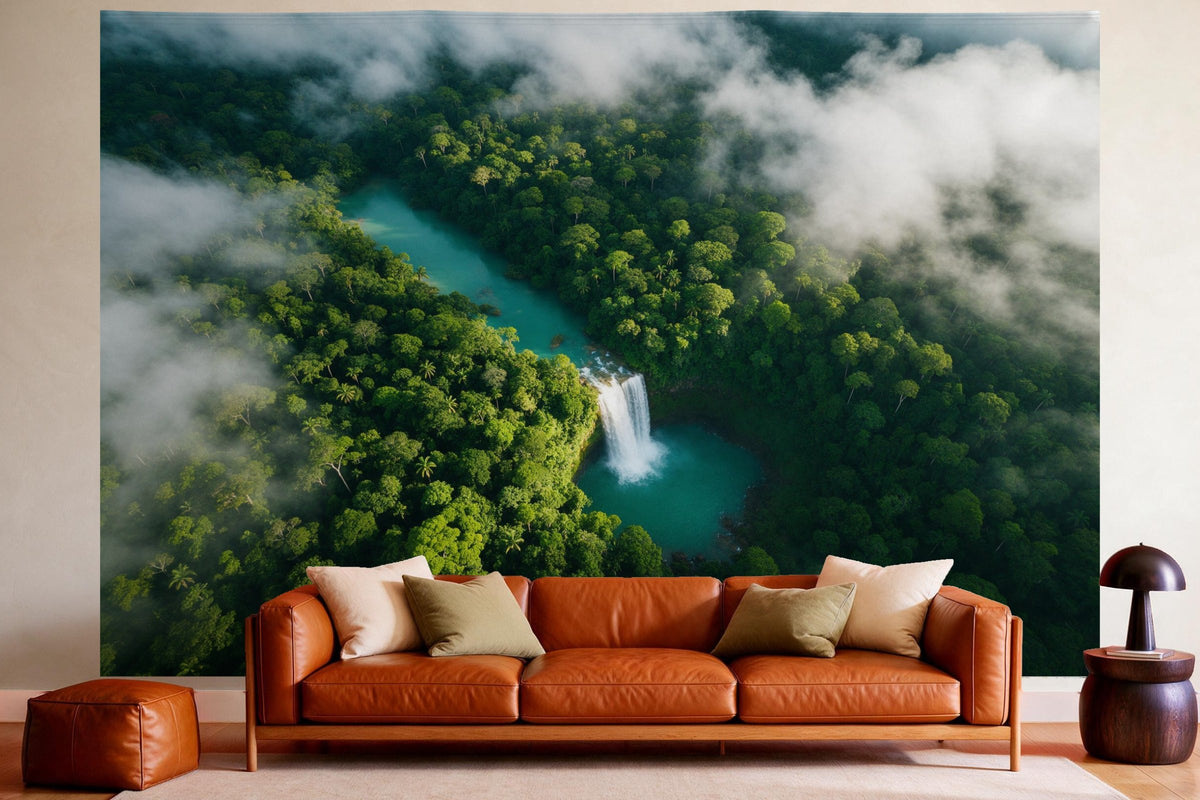 XXL wall tapestry Rainforest with Waterfall from Above as wall decor in a cosy living room above the leather sofa