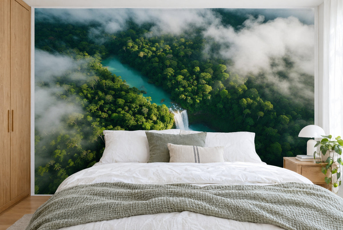 Large wall hanging Rainforest with Waterfall from Above in the bedroom, wall-filling behind the bed – printed tapestry