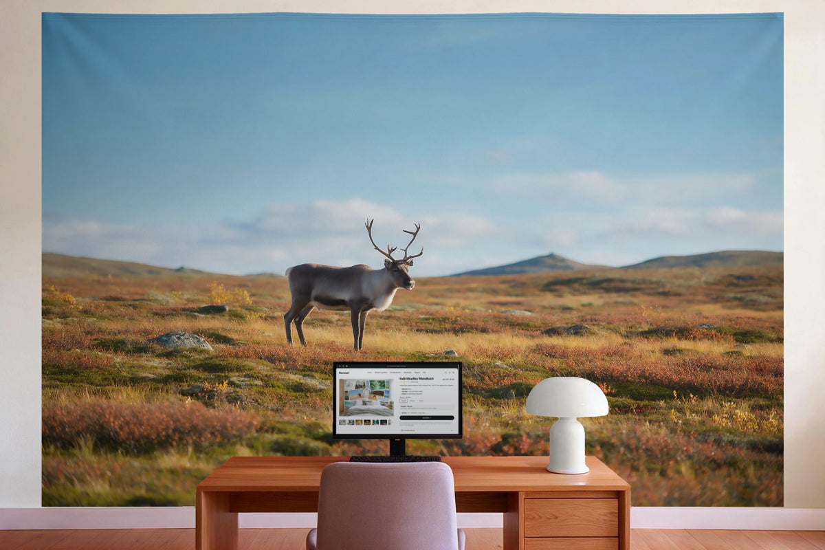 Wall decor in a home office behind the desk: printed fabric tapestry Reindeer in the Tundra