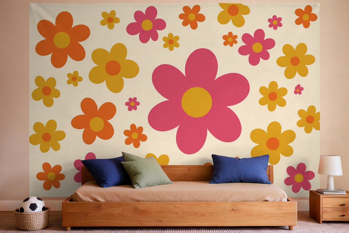 Wall decor in a boys' bedroom: printed fabric tapestry Seventies Retro Flowers