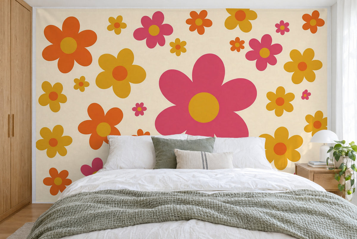 XXL printed fabric: large pink blossom centre right, colourful retro blossoms all around, filling the wall behind the bed