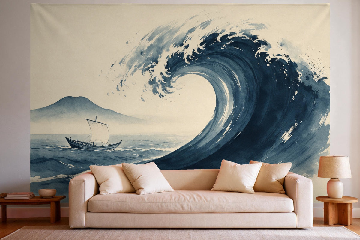 Wandtuch XXL Riesenwelle in Japan-Tusche als Wanddeko im hellen Wohnzimmer über dem Sofa