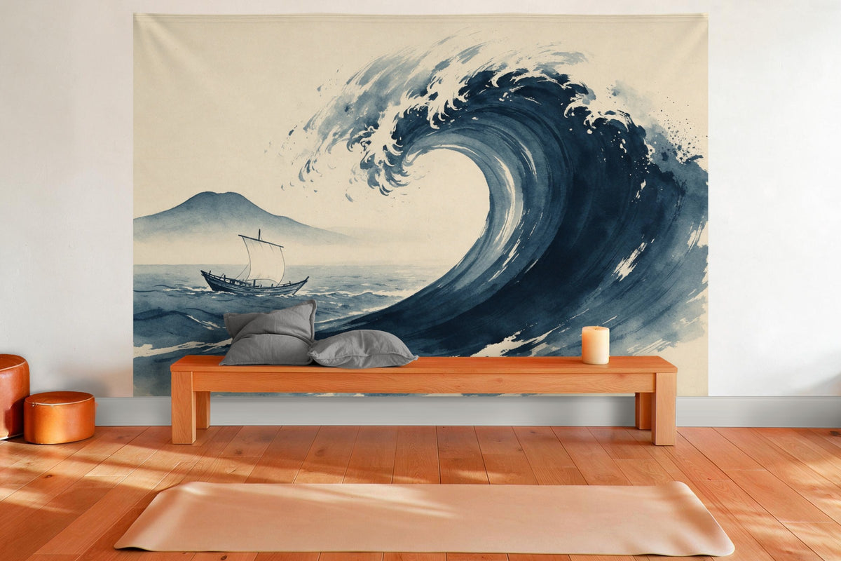 Wanddeko im Yogaraum: Wandtuch Riesenwelle in Japan-Tusche, auf Stoff gedruckt