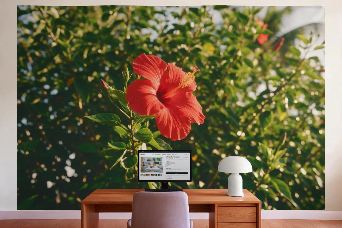 Decoración de pared en la oficina detrás del escritorio: tapiz de tela Flor de hibisco roja
