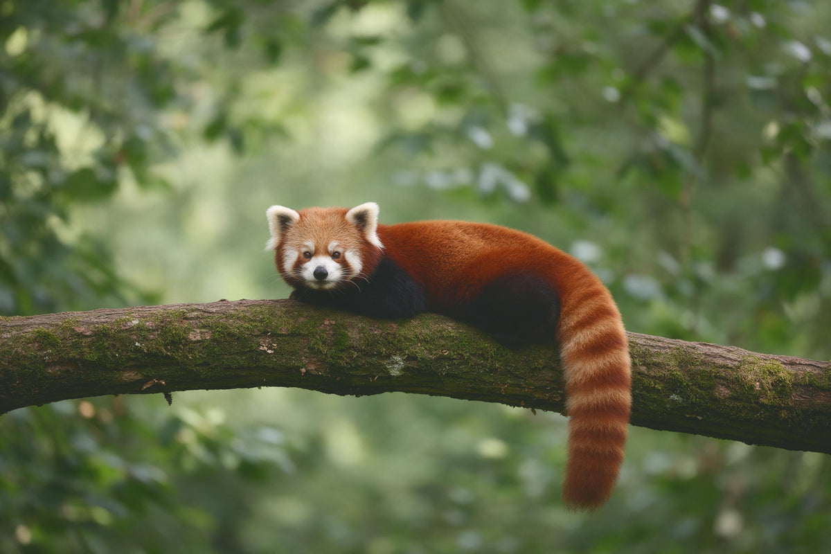 Roter Panda mit geringeltem Schwanz ruht links der Mitte auf bemoostem Ast, als Wandtuch, auf Stoff gedruckt – Rot und Grün