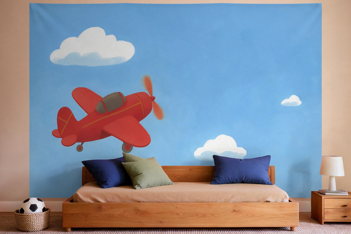 Wandtuch XXL Rotes Propellerflugzeug am Himmel als Wanddeko im Jungen-Kinderzimmer